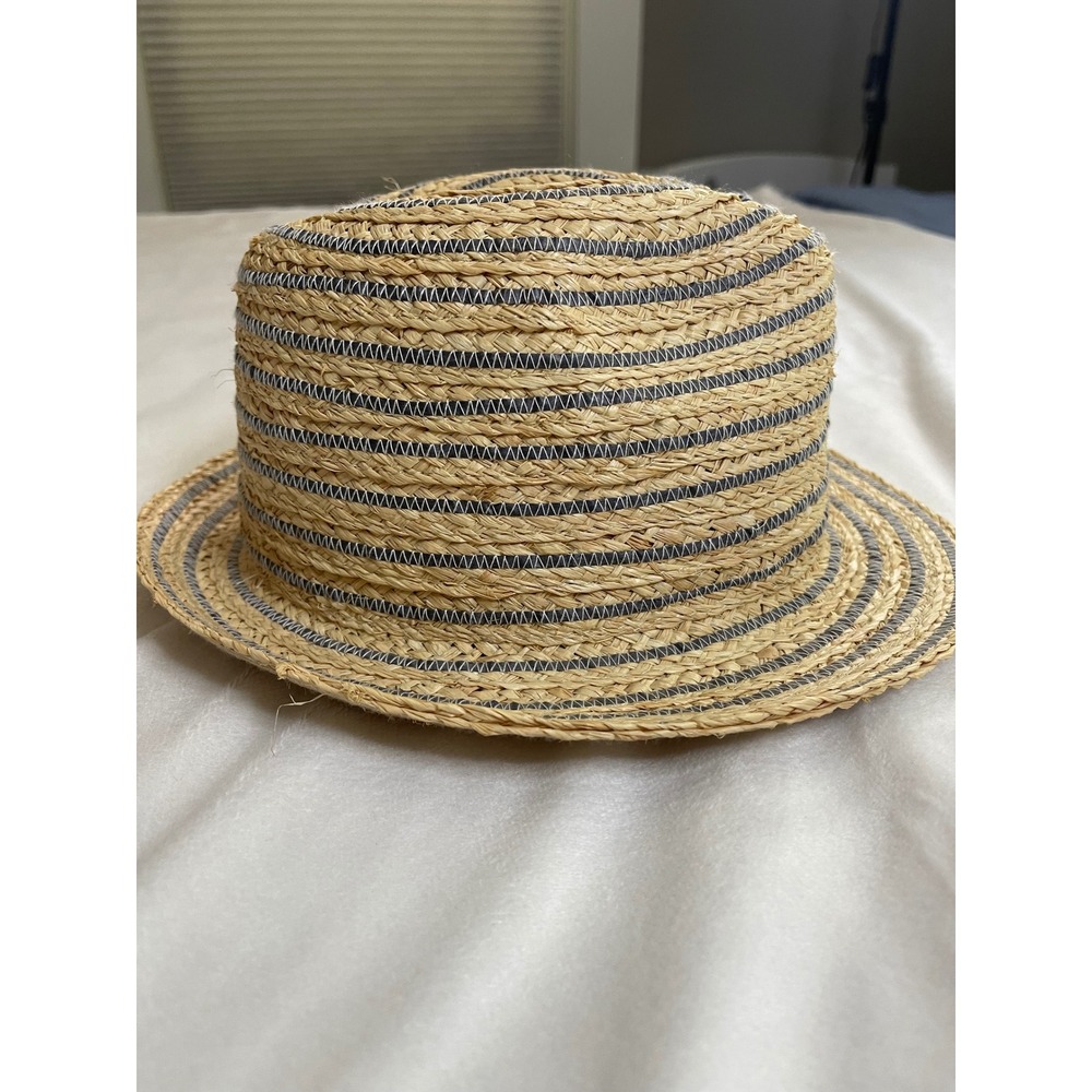 Sperry Top-Sider Womens Straw Fedora Hat Tan Blue Striped Raffia Sun Hat 5H187 - Picture 11 of 11